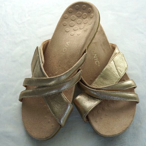 NWOT‎ Vionic Gold Metallic Crisscross Slide Sandals Orthotic Support Womens 9 - Picture 1 of 10